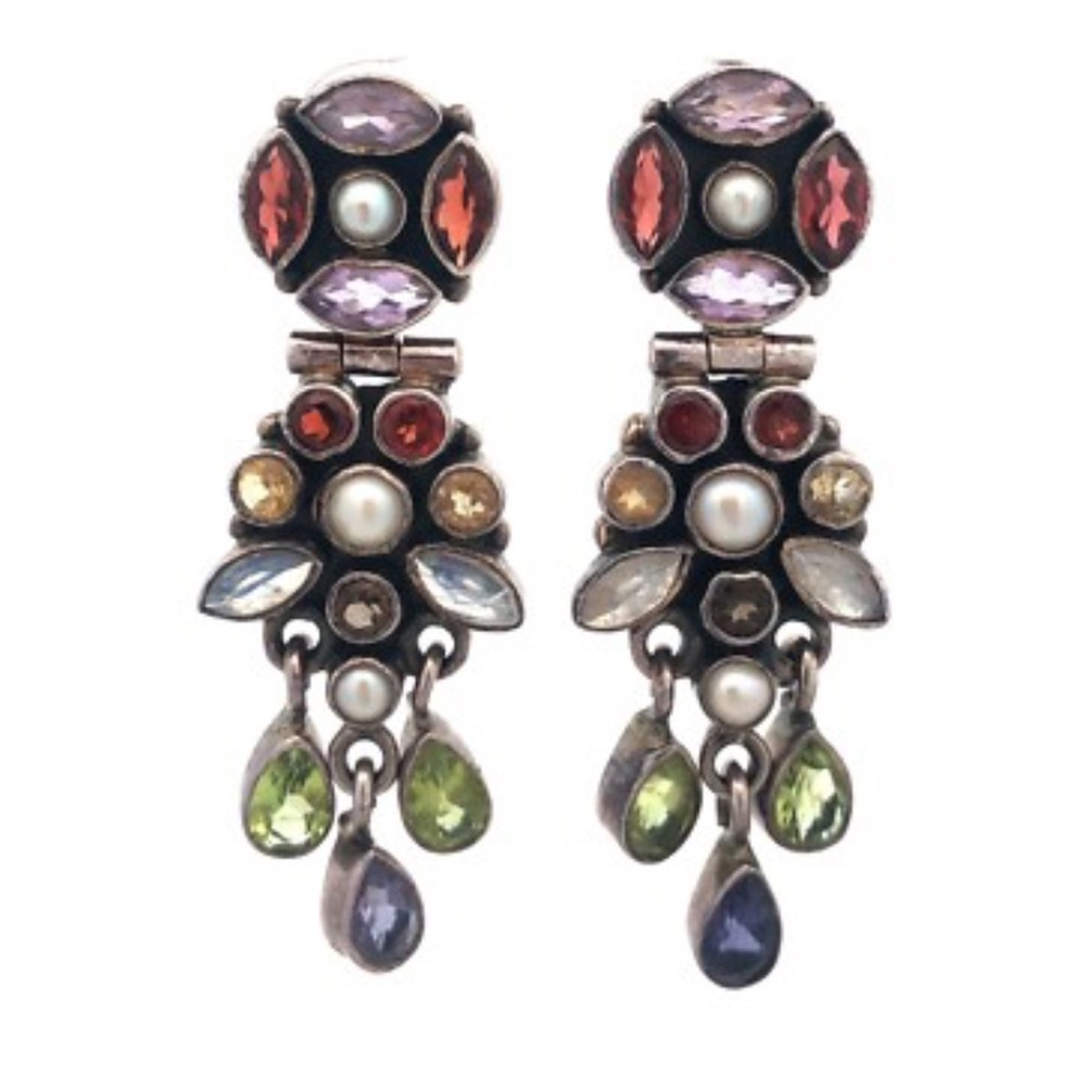 925 Sterling Silver Mixed Shape Gemstone Floral Dangle Stud Earrings
